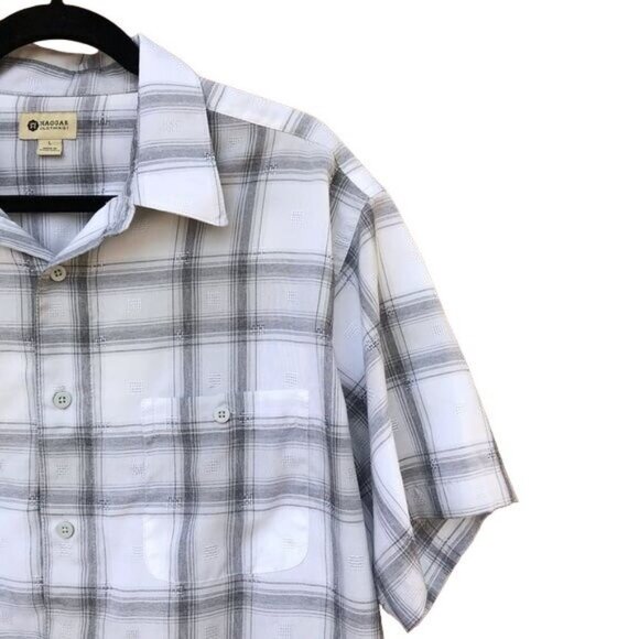 Haggar White Gray Plaid Button Down Dress Casual Mens Shirt Size L - Picture 7 of 8